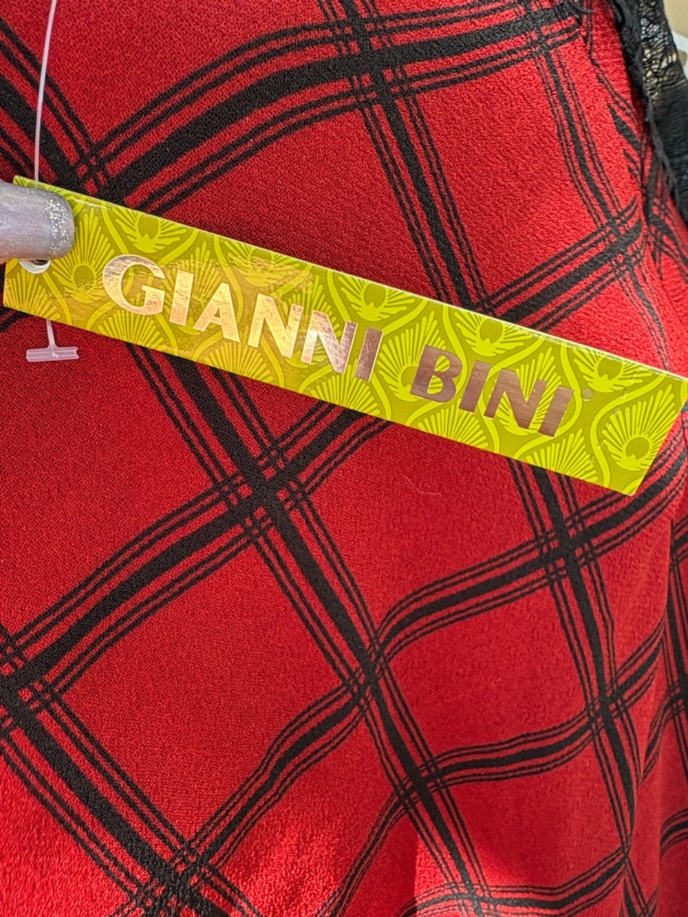 Gianni Bini Red and Black Plaid Long Sleeve Dress with Lace Shoulders - Picture 7 of 7